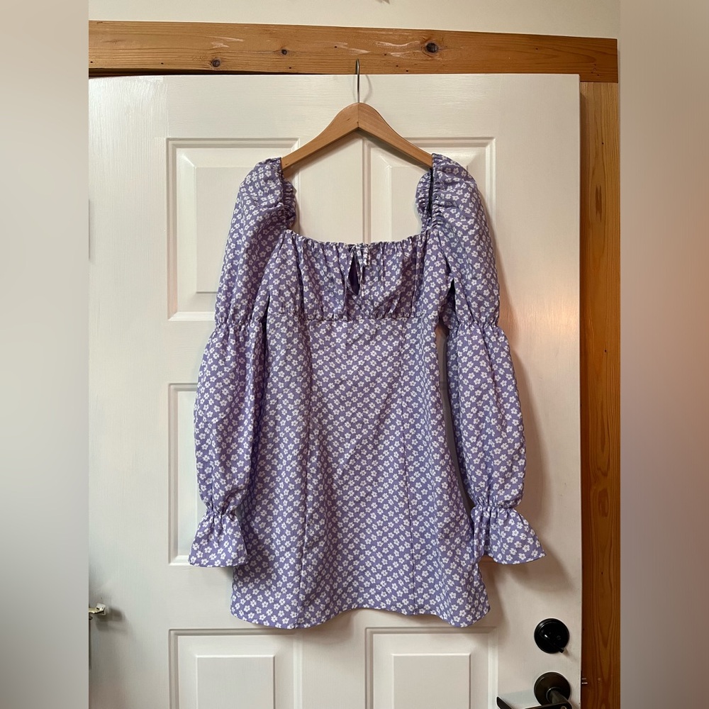 H&M Light Purple/Floral Short Puff-Sleeved Dress
